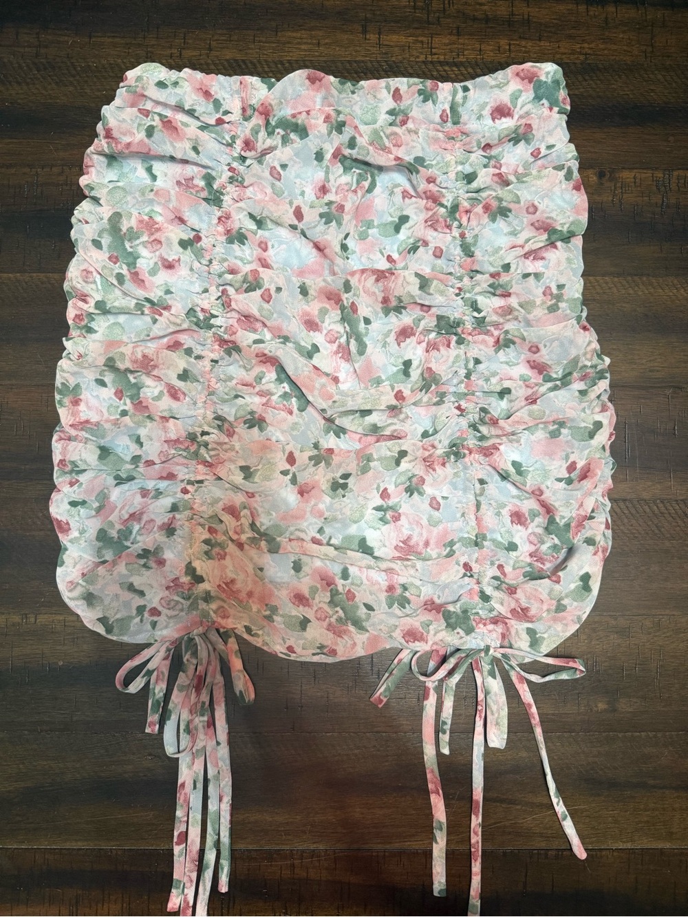 Floral Ruched Drawstring Mini Skirt - Pink & Green